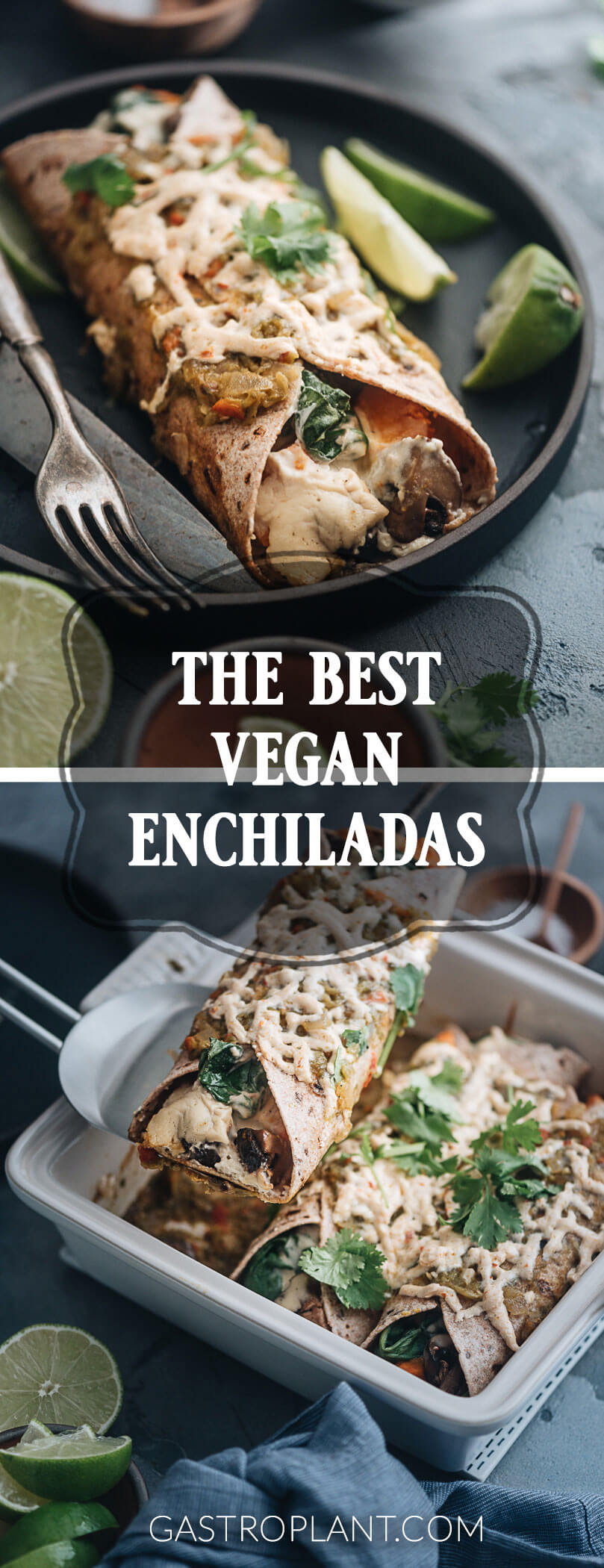 Vegan enchiladas - Roast winter squash, mushrooms, and spinach drizzled with cashew creme, all wrapped in tortillas and topped with green chile sauce – these enchiladas combine serious flavor and nourishment. They’re indulgent-tasting yet full of plant-based goodness.
