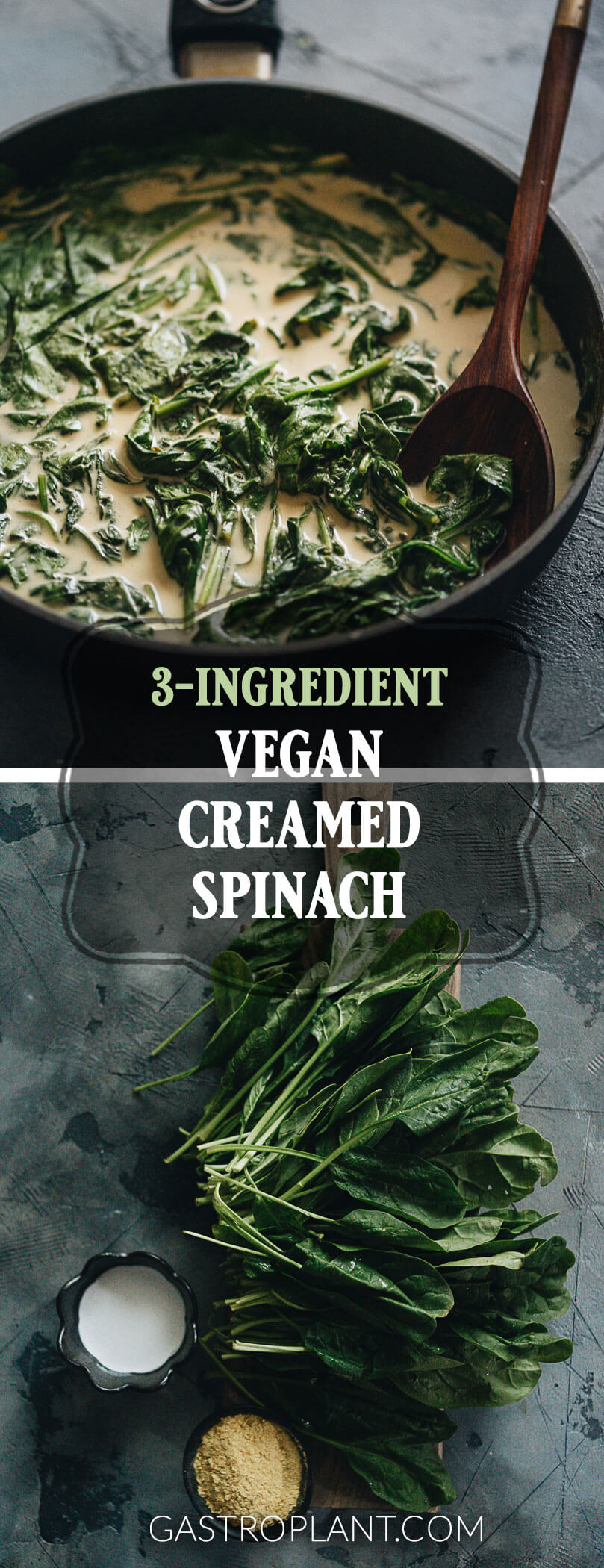 This 3-ingredient vegan creamed spinach recipe is every bit as simple as the name suggests. You just need fresh spinach, some coconut milk, and a bit of nutritional yeast. A seriously tasty side dish or meal prep component can be yours in 5 minutes of cooking.