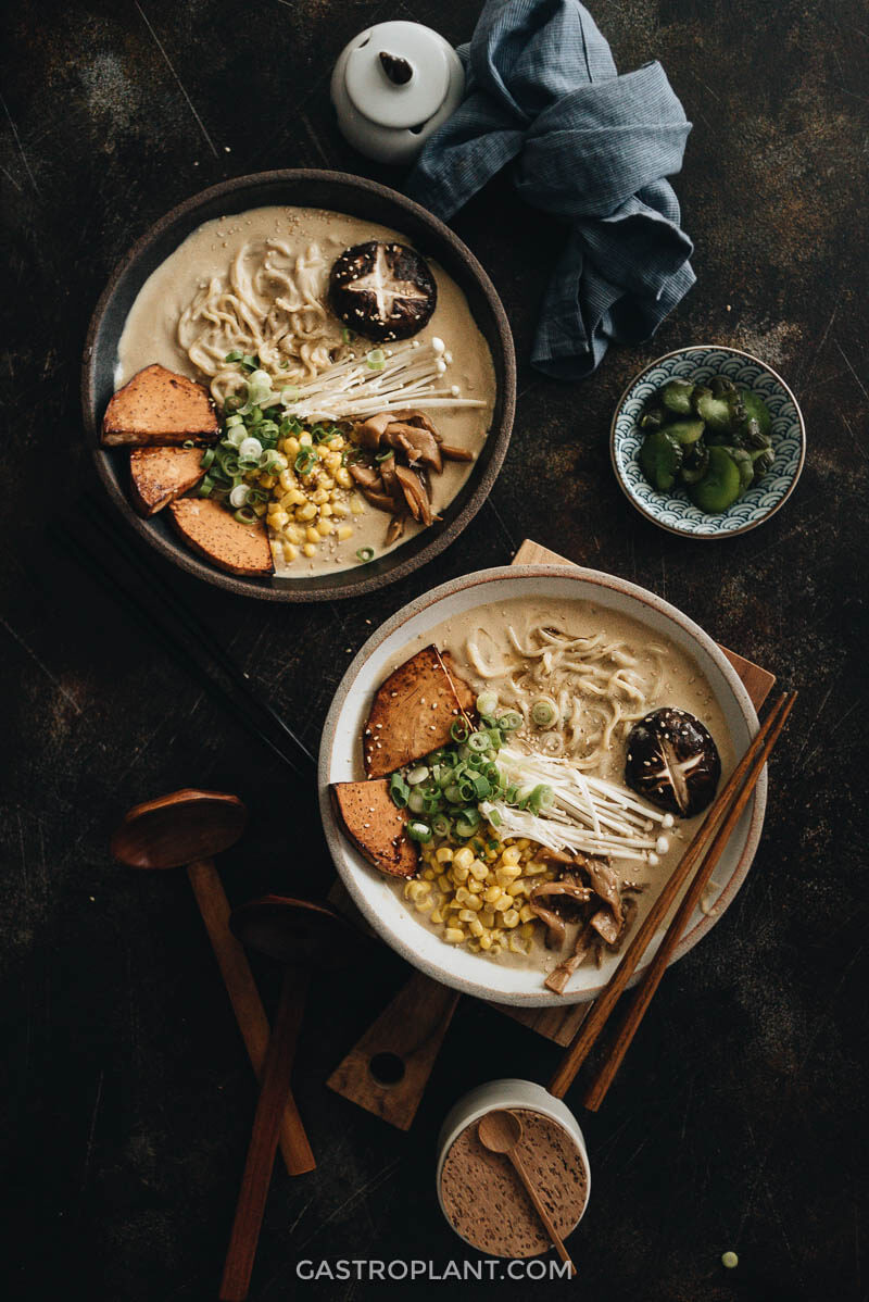 Two bowls of vegan tonkotsu ramen