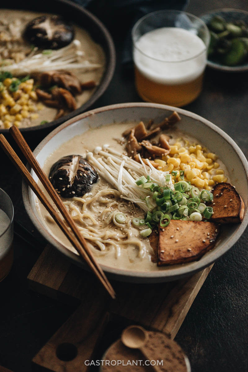 Two bowls of vegan tonkotsu ramen close-up