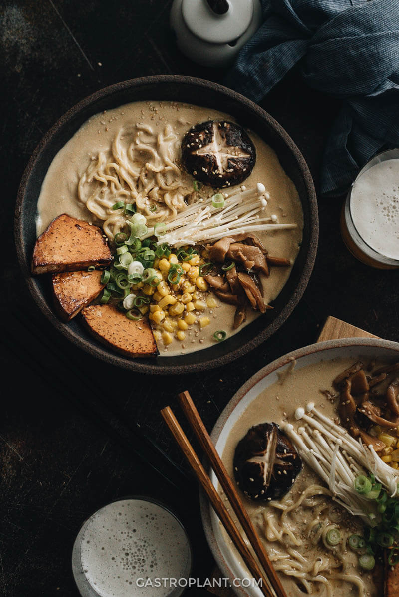 Two bowls of vegan tonkotsu ramen