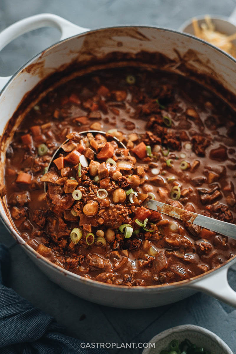 Vegan chili in pot close-up