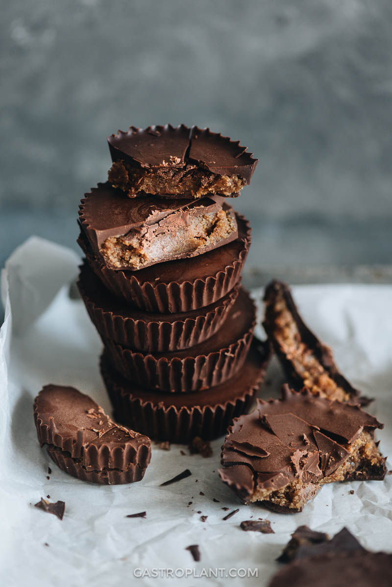 Miso peanut butter cups stacked and broken