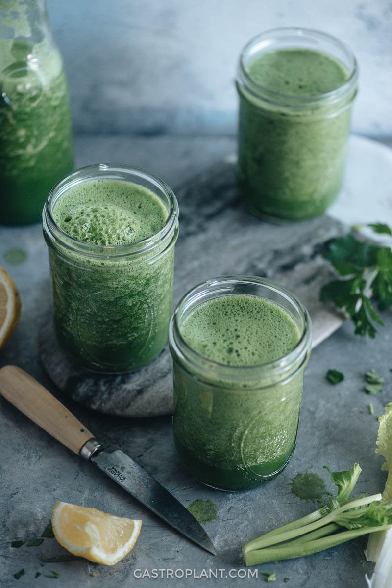 Morning green smoothie in glasses close-up