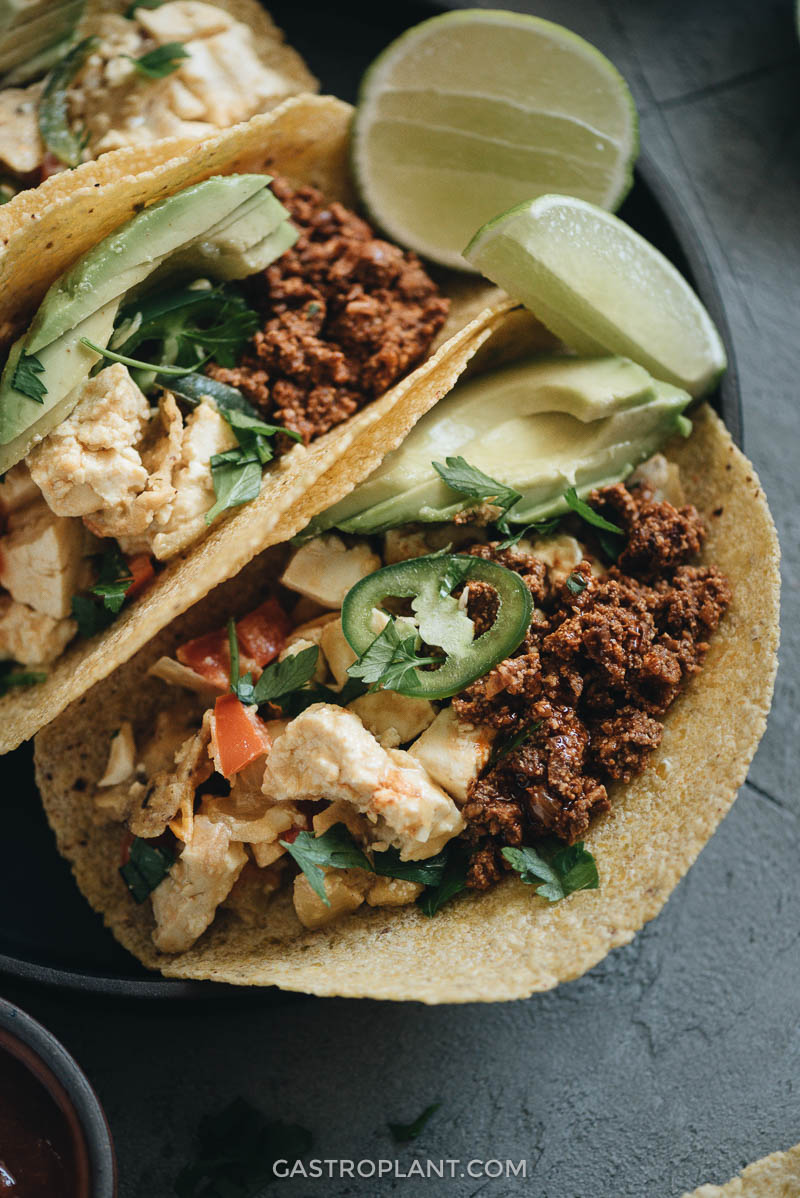 Vegan breakfast tacos with chorizo and tofu scramble close-up