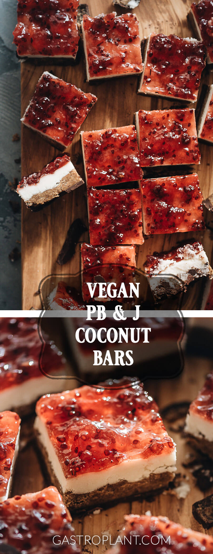 Vegan chocolate coconut peanut butter and jelly bars collage