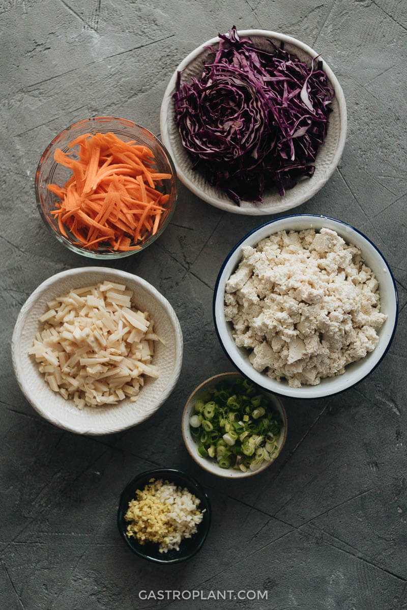 Vegan spring roll prepped ingredients