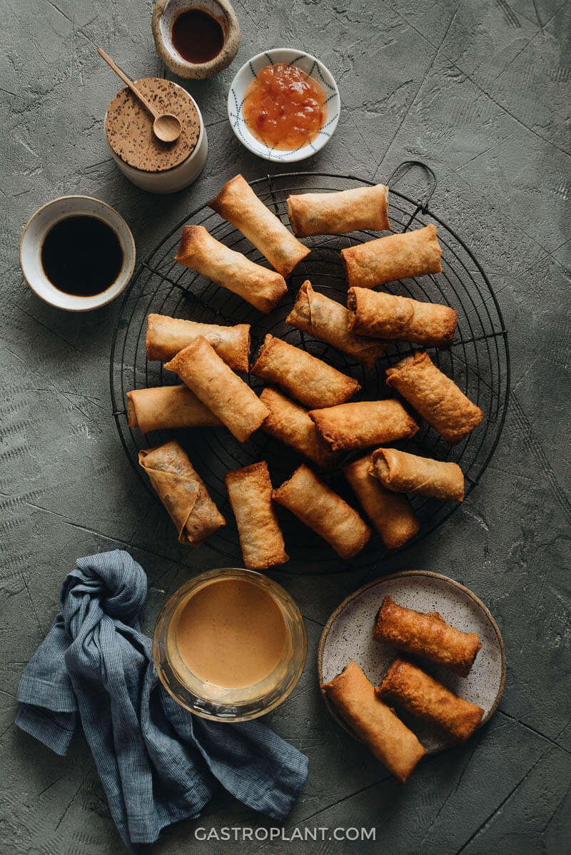 Vegan spring rolls with dipping sauces for appetizer