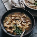 Fresh hot vegan hot and sour soup close-up