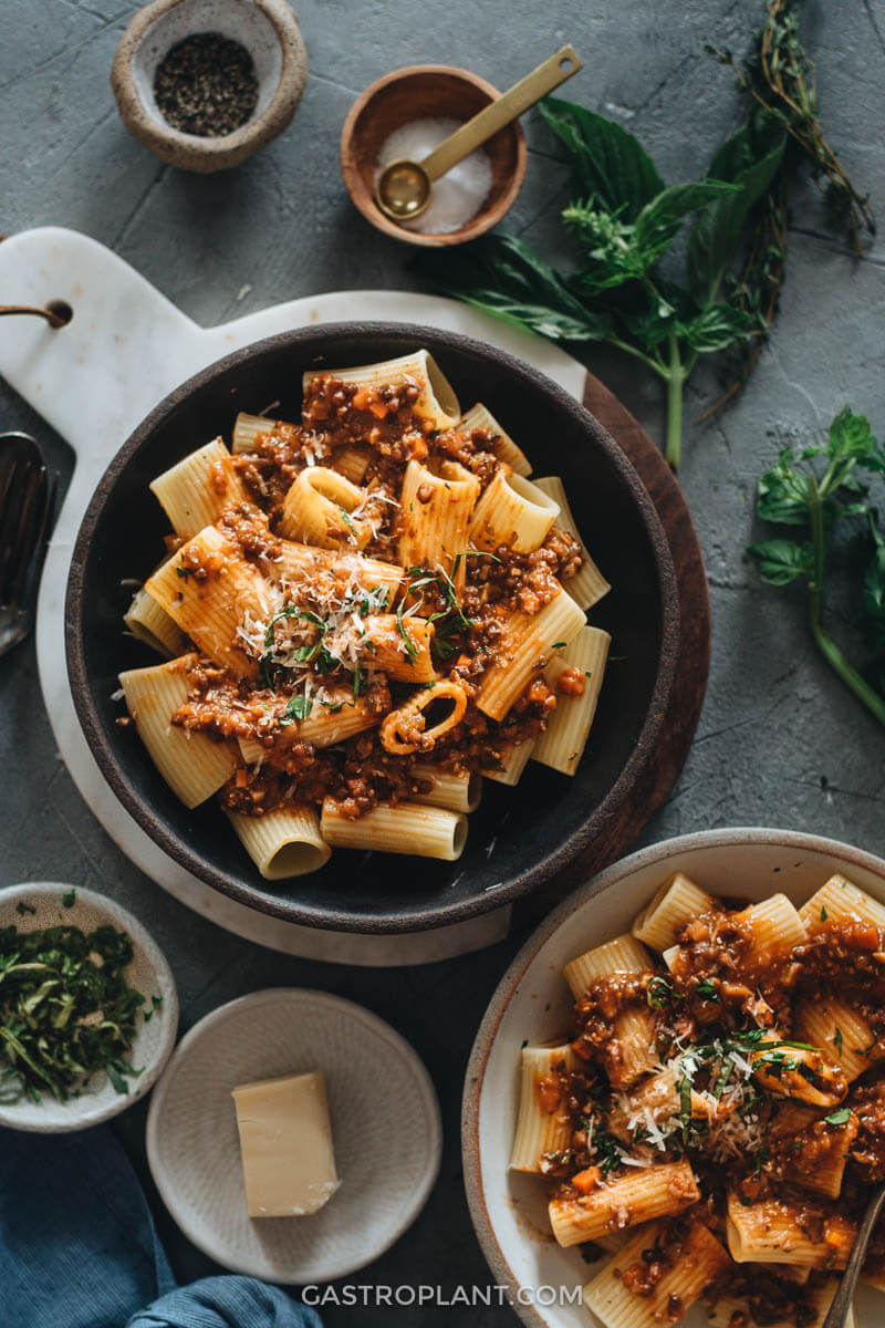 Healthy Vegan Bolognese Sauce on Italian Pasta