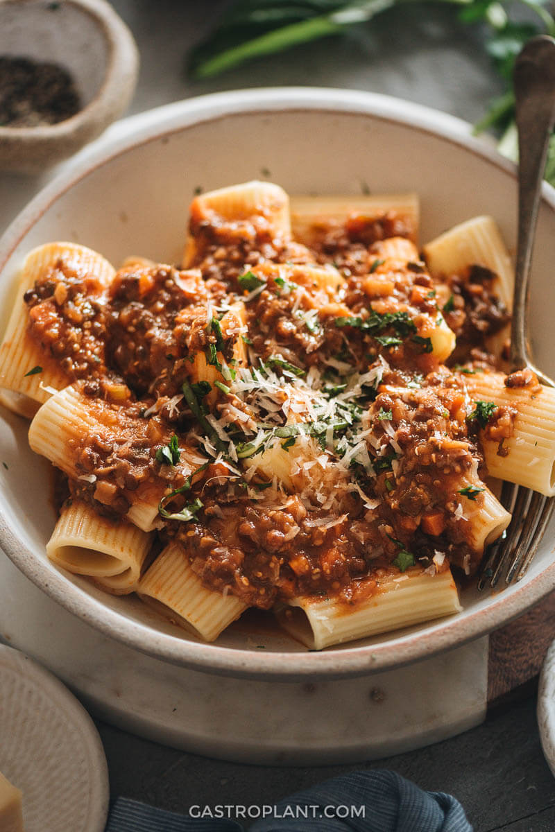 Healthy Vegan Bolognese Sauce on Italian Pasta