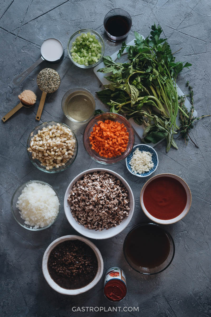 Ingredients for a healthy meaty vegan bolognese sauce