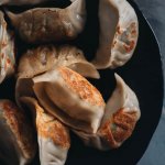 Pan-fried vegan mushroom dumplings close-up