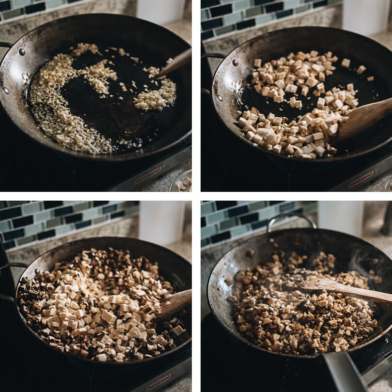 Sauteing vegetables for mushroom dumplings