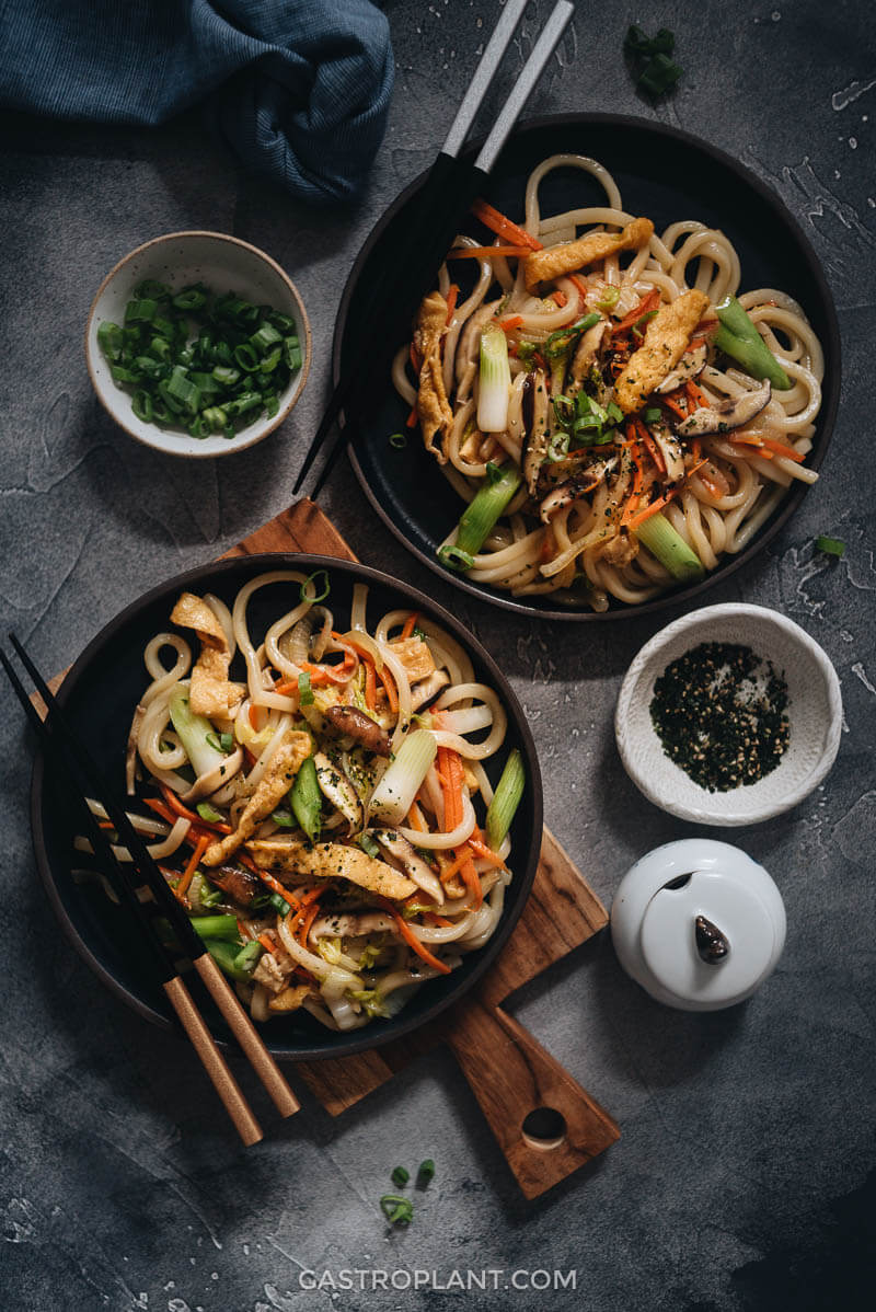 Mega delicious vegan yaki udon on the table for dinner