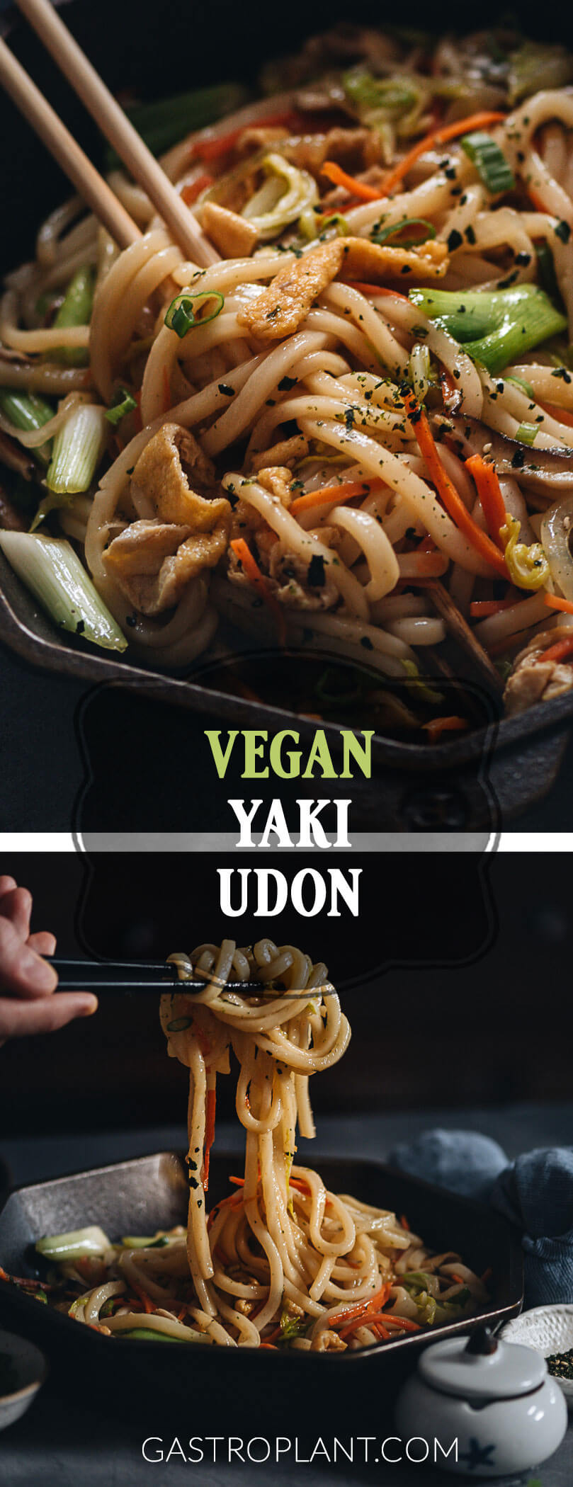Fast easy delicious plant-based yaki-udon with veggies, mushrooms, and tofu