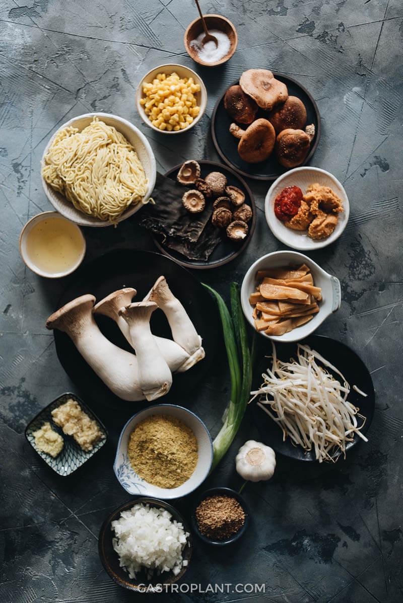 Ingredients for making vegan miso ramen noodle soup