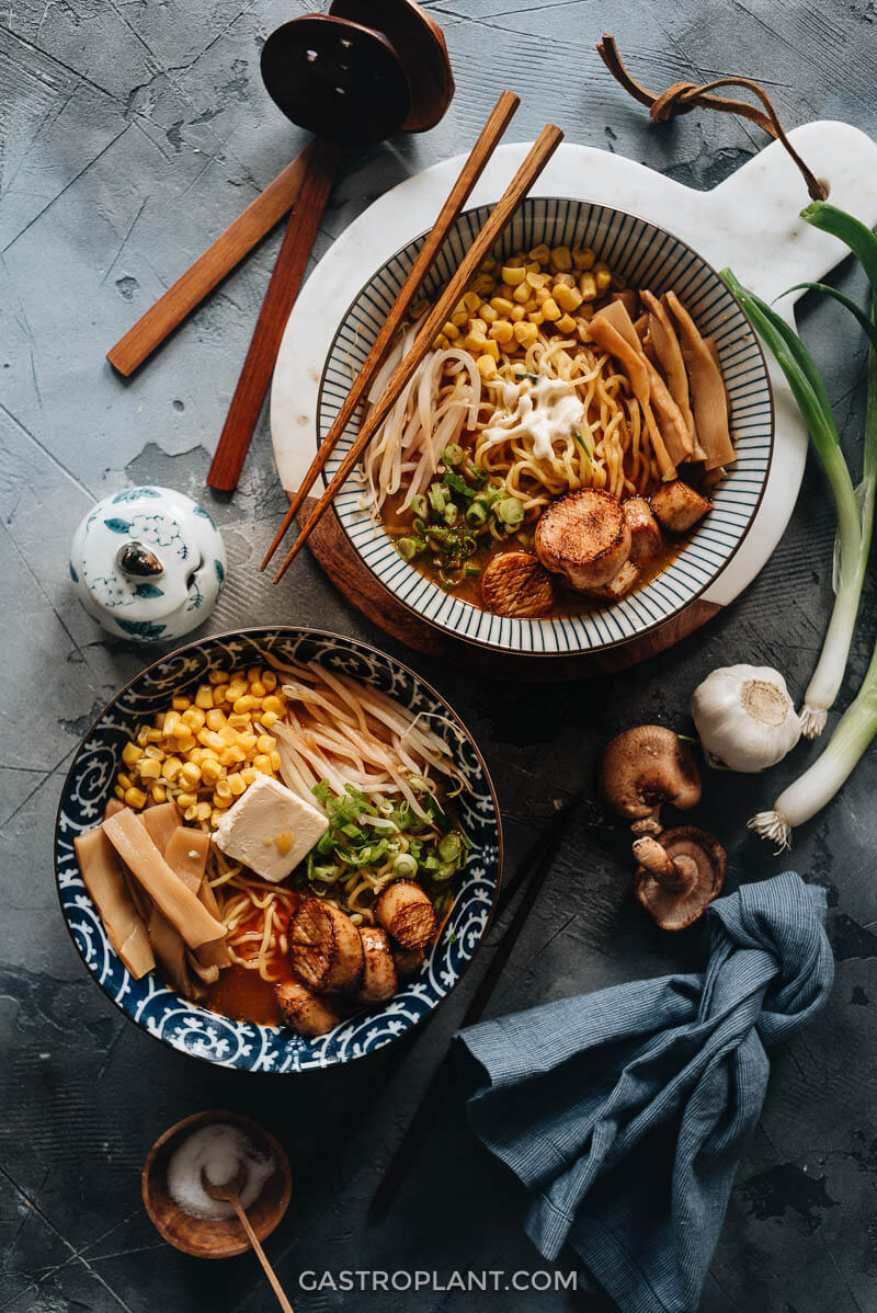 Two bowls of vegan miso ramen noodle soup Sapporo style