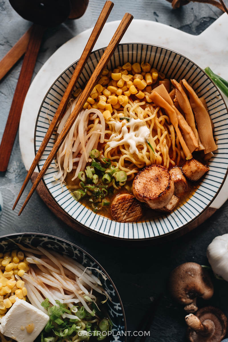 A hot bowl of vegan miso ramen noodle soup for dinner