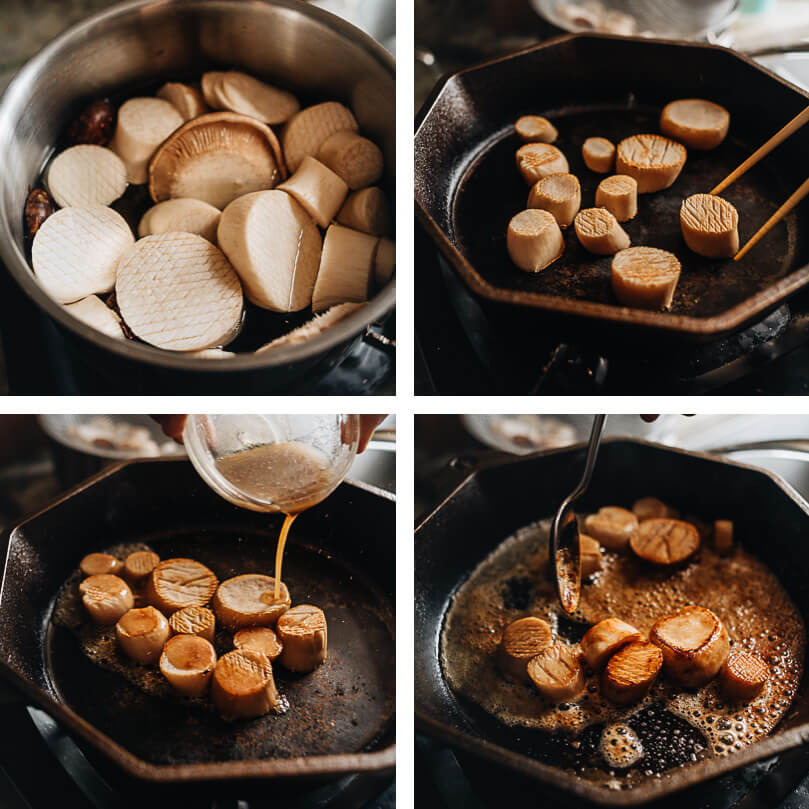 Cooking process for vegan scallops made from king oyster mushrooms