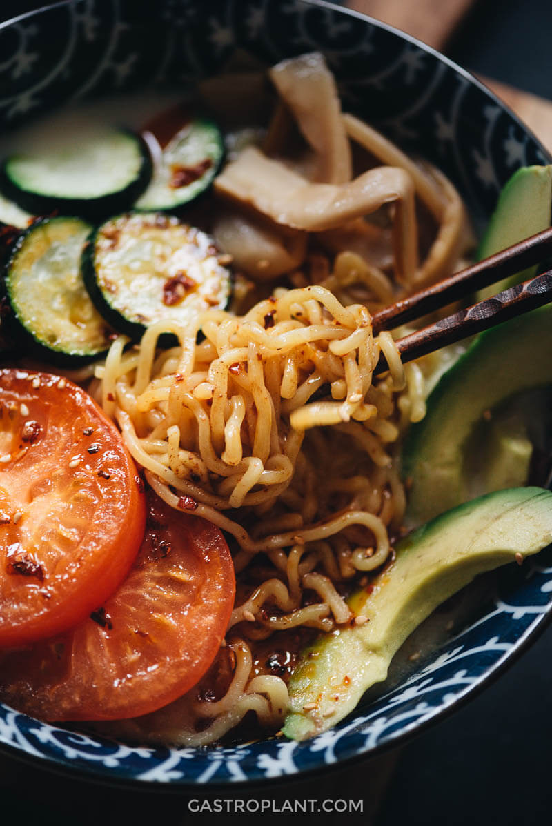 Homemade soy milk vegan ramen close-up