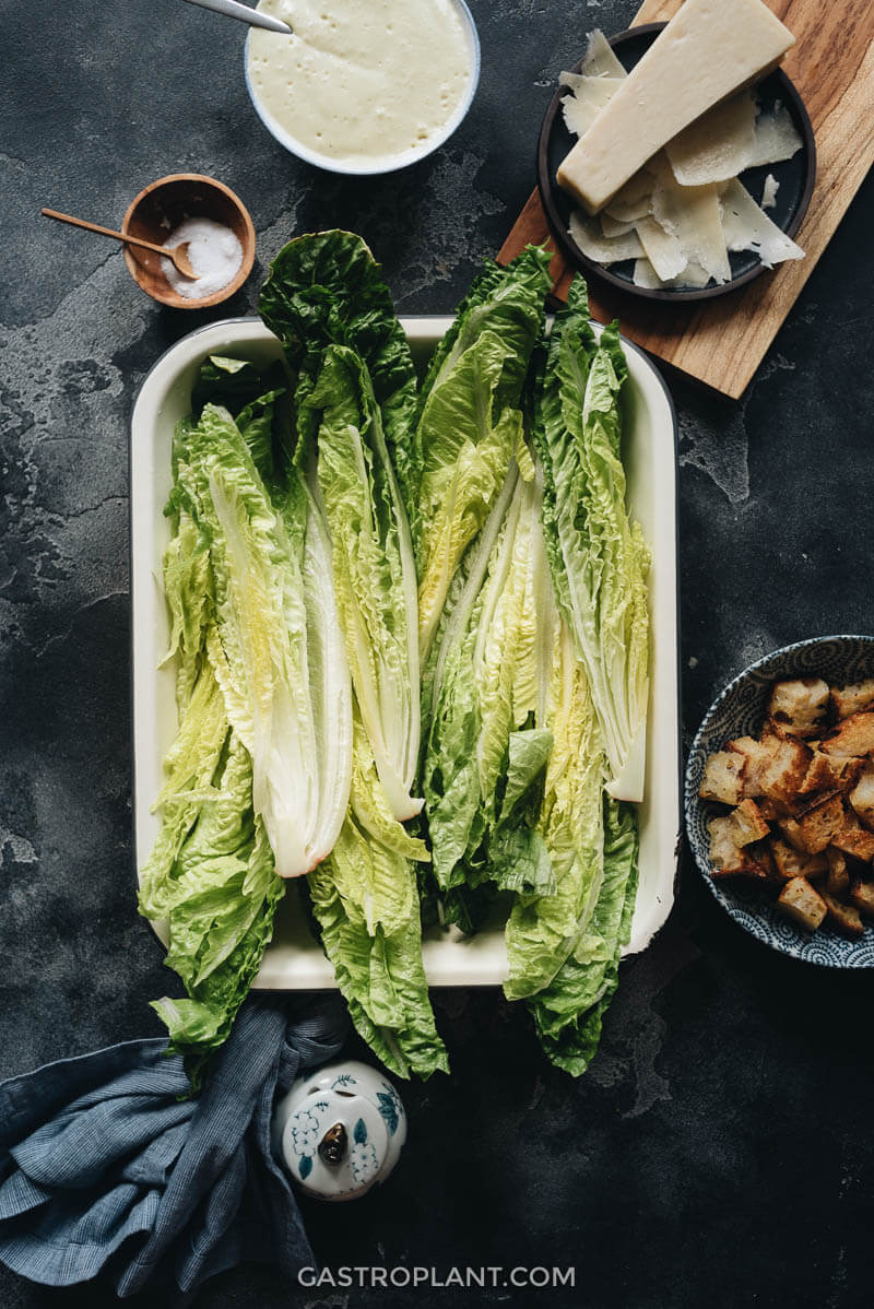 Ingredients for vegan Caesar salad: dressing, romaine lettuce, croutons, and cheese