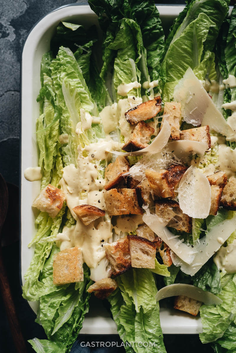 Healthy Vegan Caesar Salad Close-Up of Croutons and Cheese