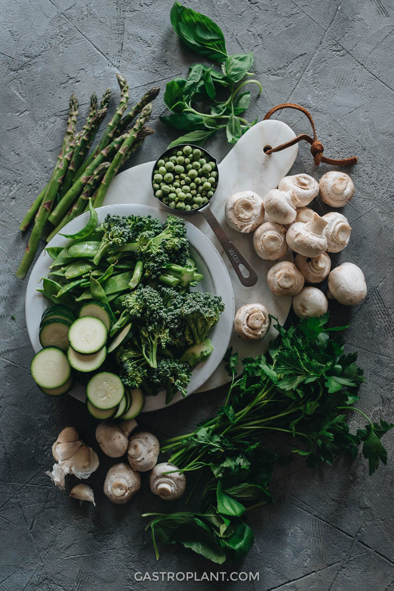 Ingredients for Healthy Creamy Vegan Pasta Primavera with Veggies