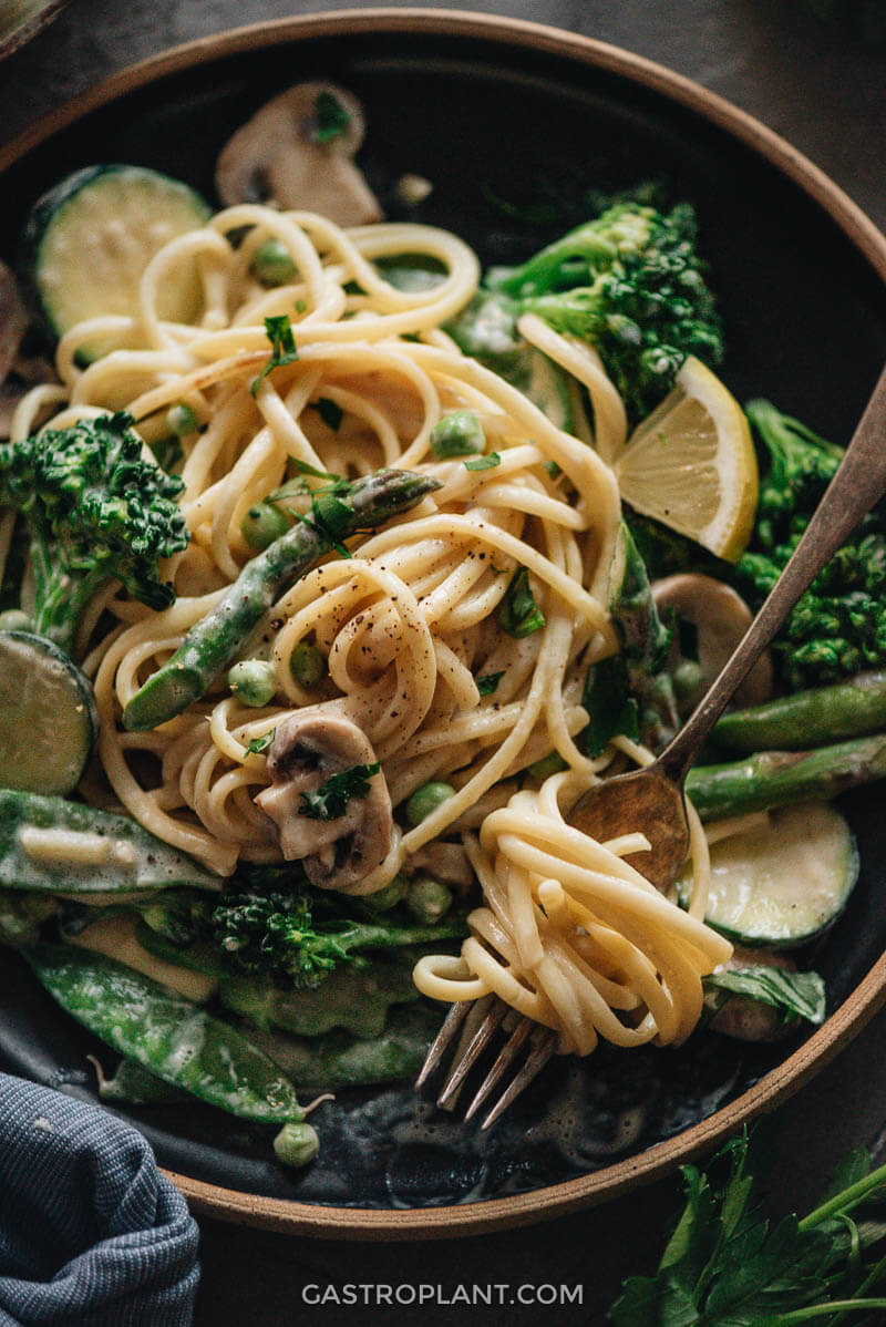 Creamy Vegan Pasta Primavera with Broccolini and Asparagus Close-Up