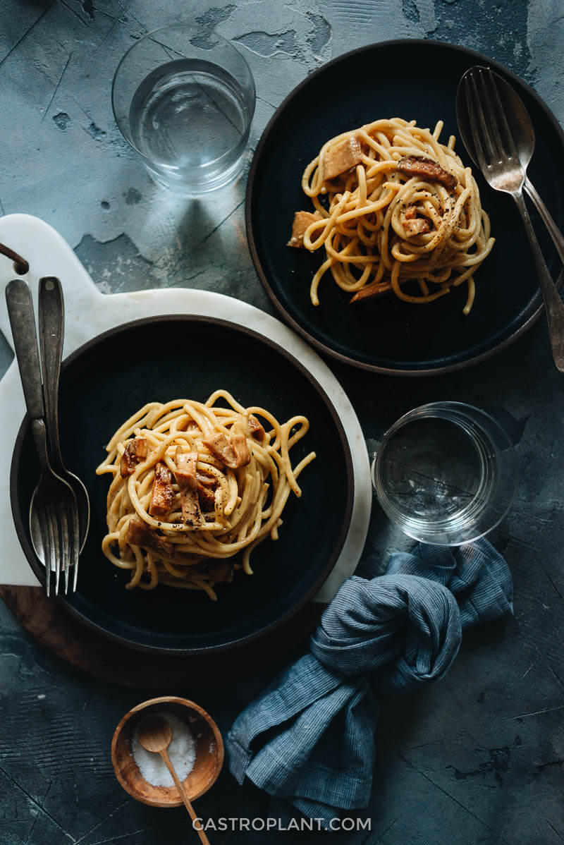 Two Plates of Quick Vegan Carbonara Spaghetti with Mushroom Bacon
