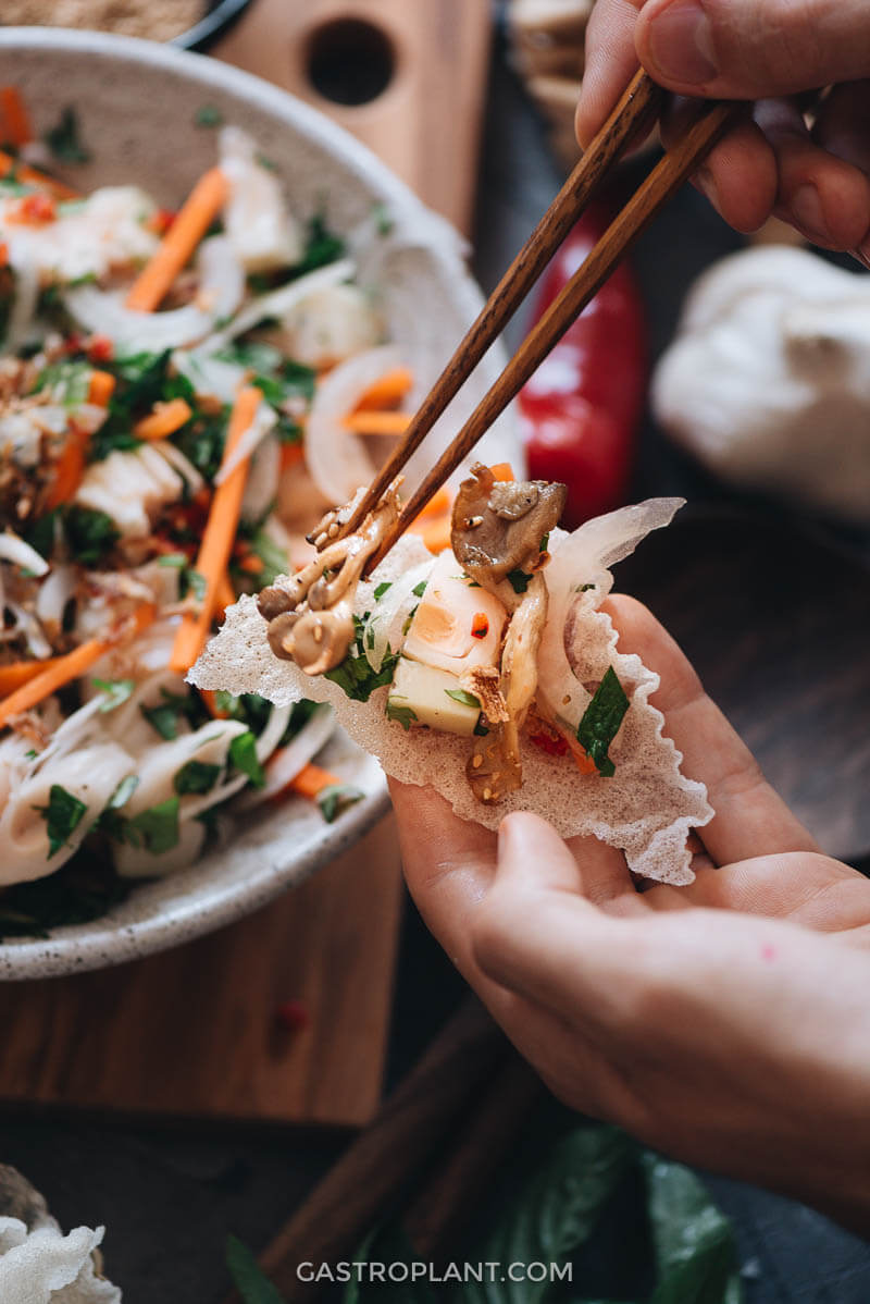 Vegan jackfruit salad with mushrooms and chips Vietnam style