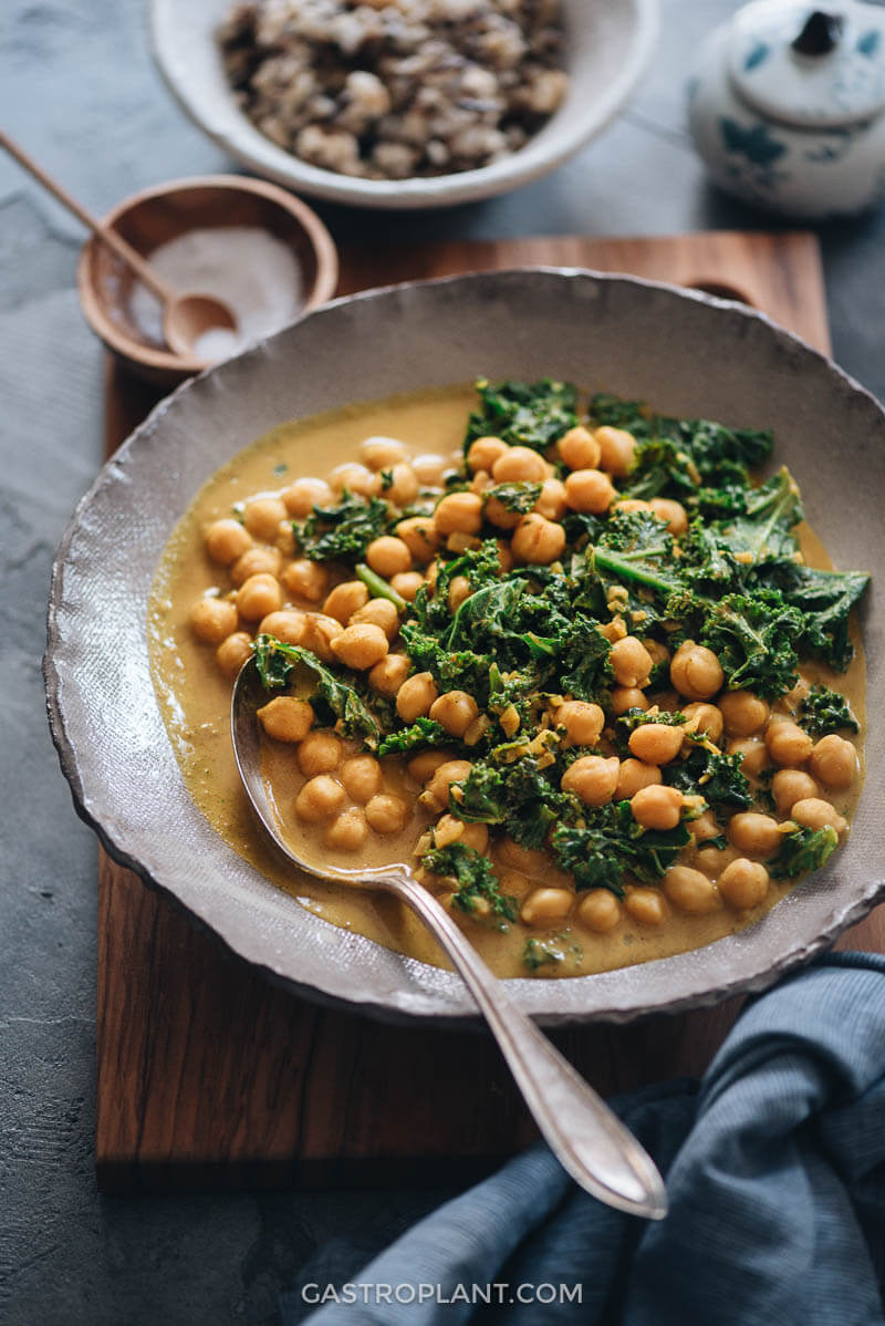 A big, fast bowl of vegan chickpea curry with kale