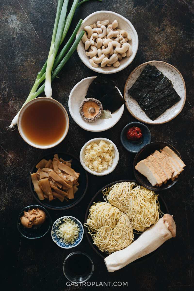 Ingredients spread across the table - ramen noodles, cashews, and other Japanese goodies