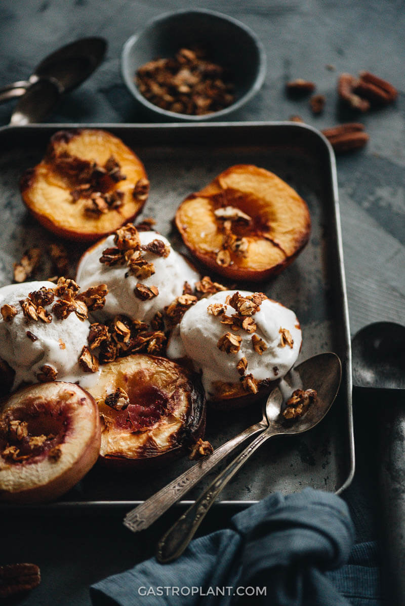 Easy Roasted peaches with vegan ice cream and homemade granola