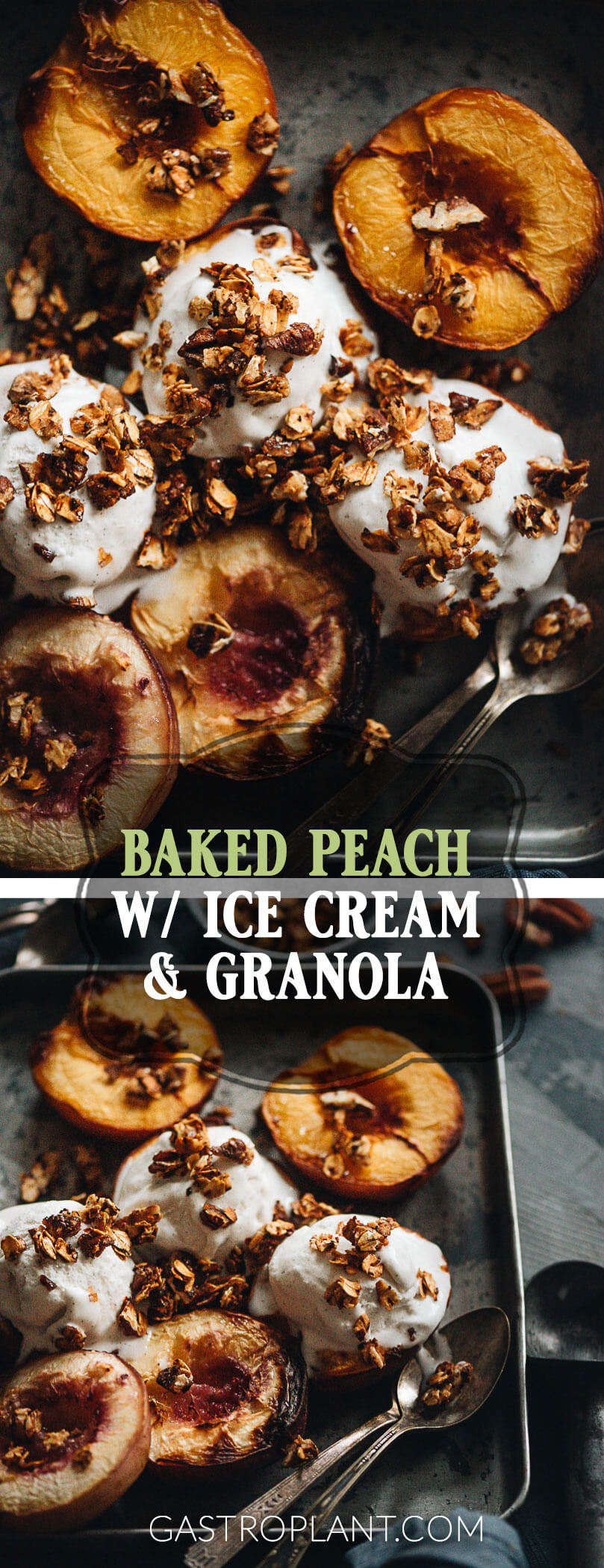 Collage of roasted peaches, vegan vanilla ice cream, and granola