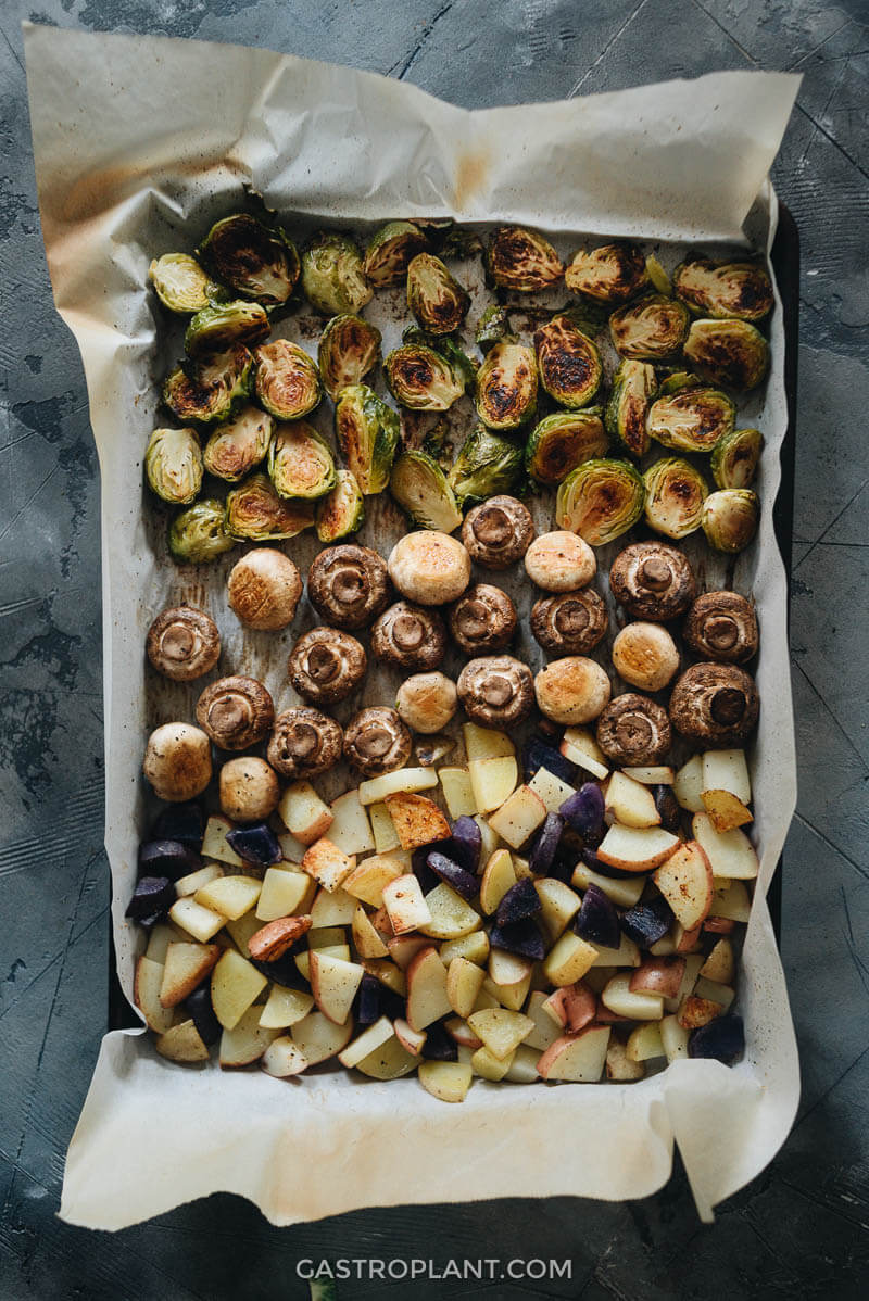 Vegan Sheet Pan Dinner of Brussels Sprouts, Mushrooms, and Potatoes