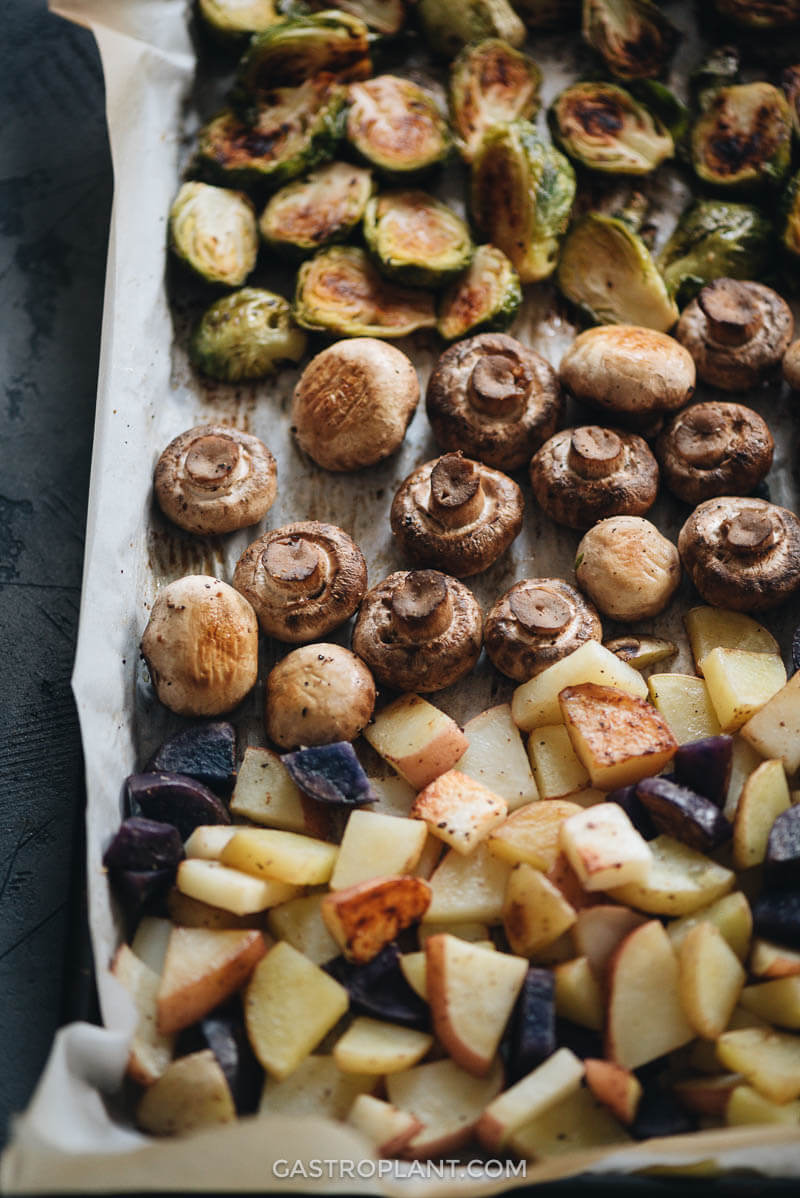 Easy roasted mushrooms, brussels sprouts, and potatoes