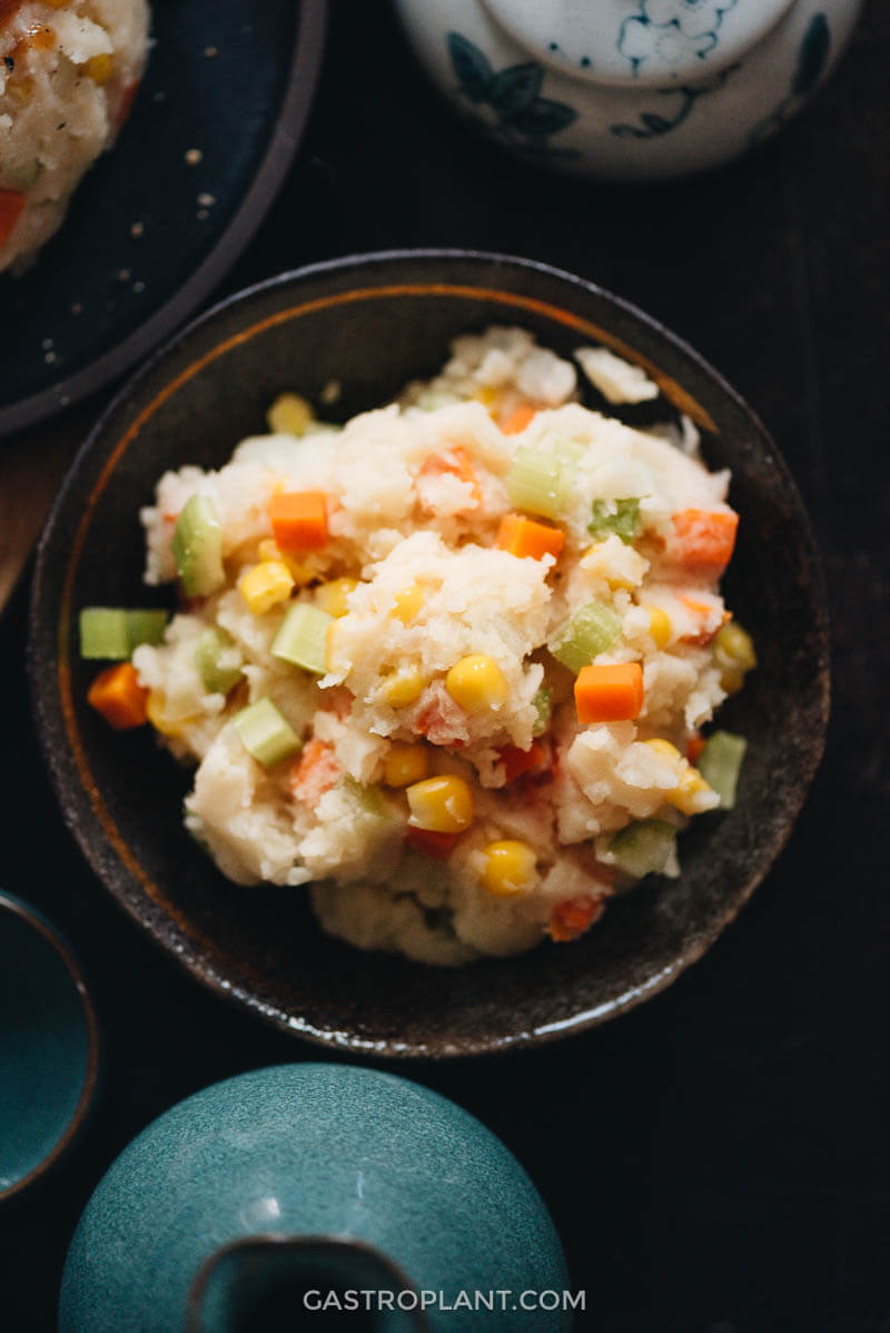 A bowl of vegan japanese potato salad side dish