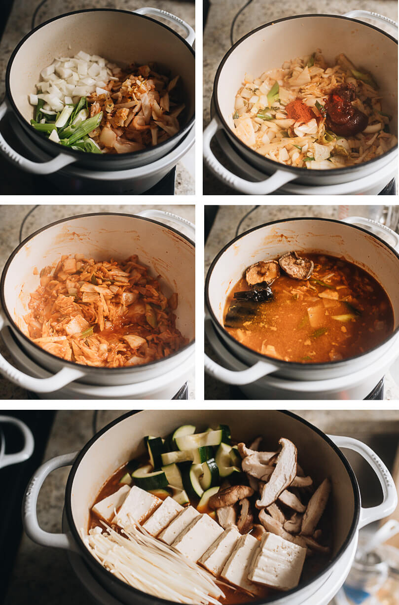 Proceso de cocción de cómo hacer kimchi jjigae vegano