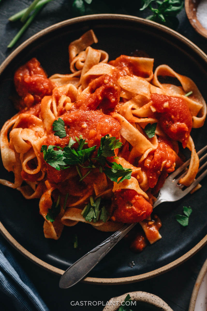 Close-up of marinara red sauce pasta