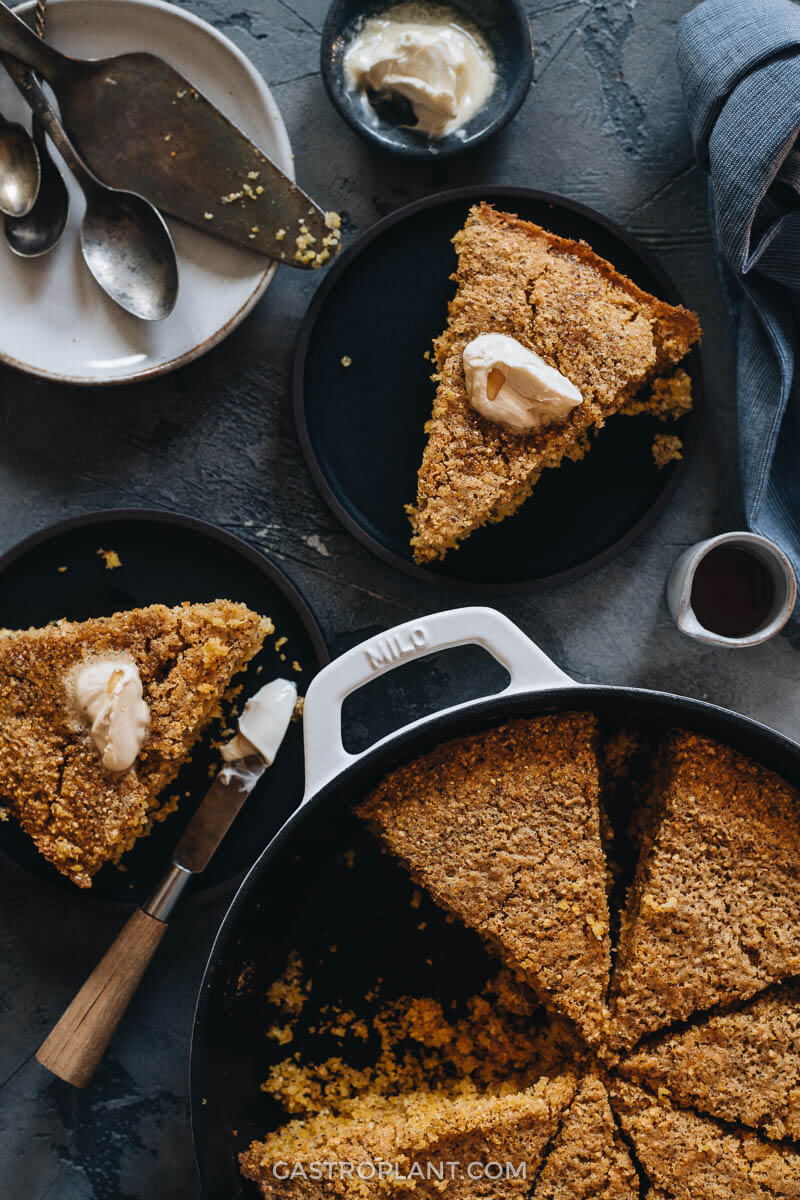 Vegan cornbread slices with butter