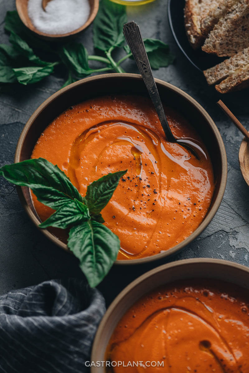 Two bowls of easy vegan 4-ingredient tomato soup