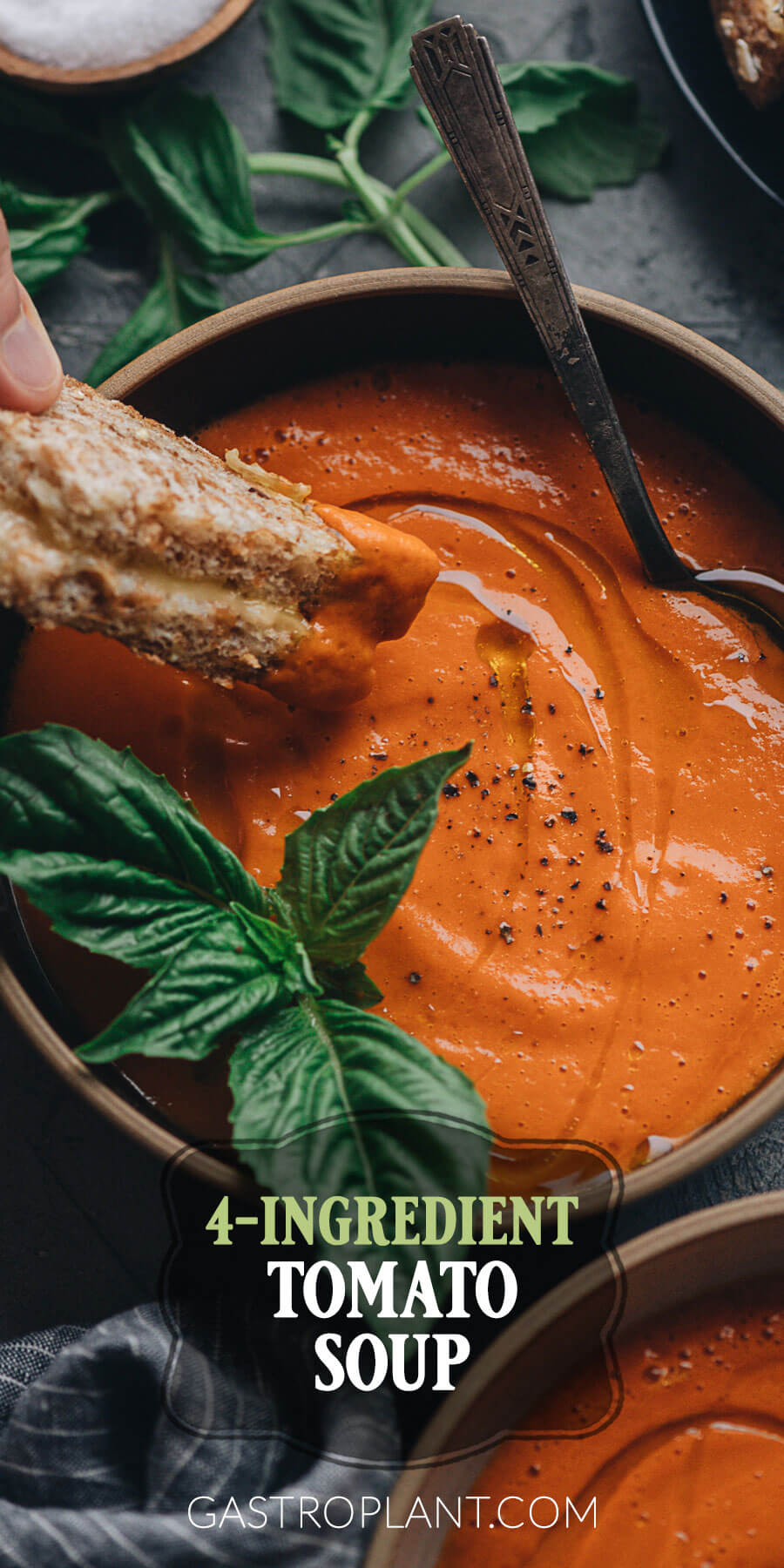 4-ingredient vegan tomato soup with basil long photo