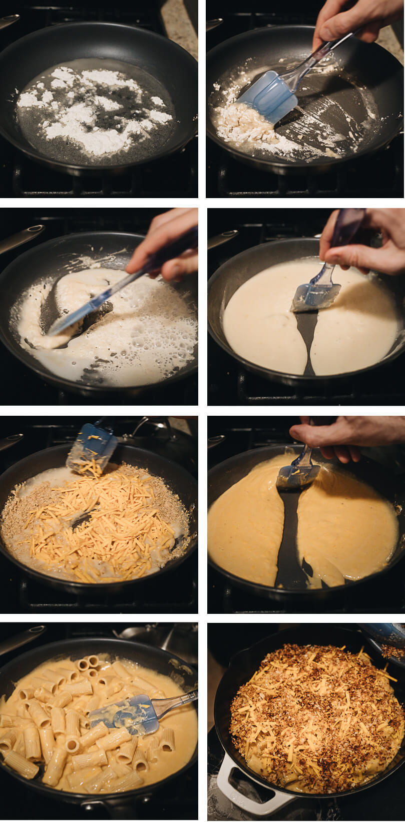 Eight process photos showing how to make vegan mac and cheese sauce