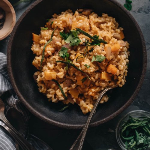 A bowl of comforting vegan butternut squash risotto