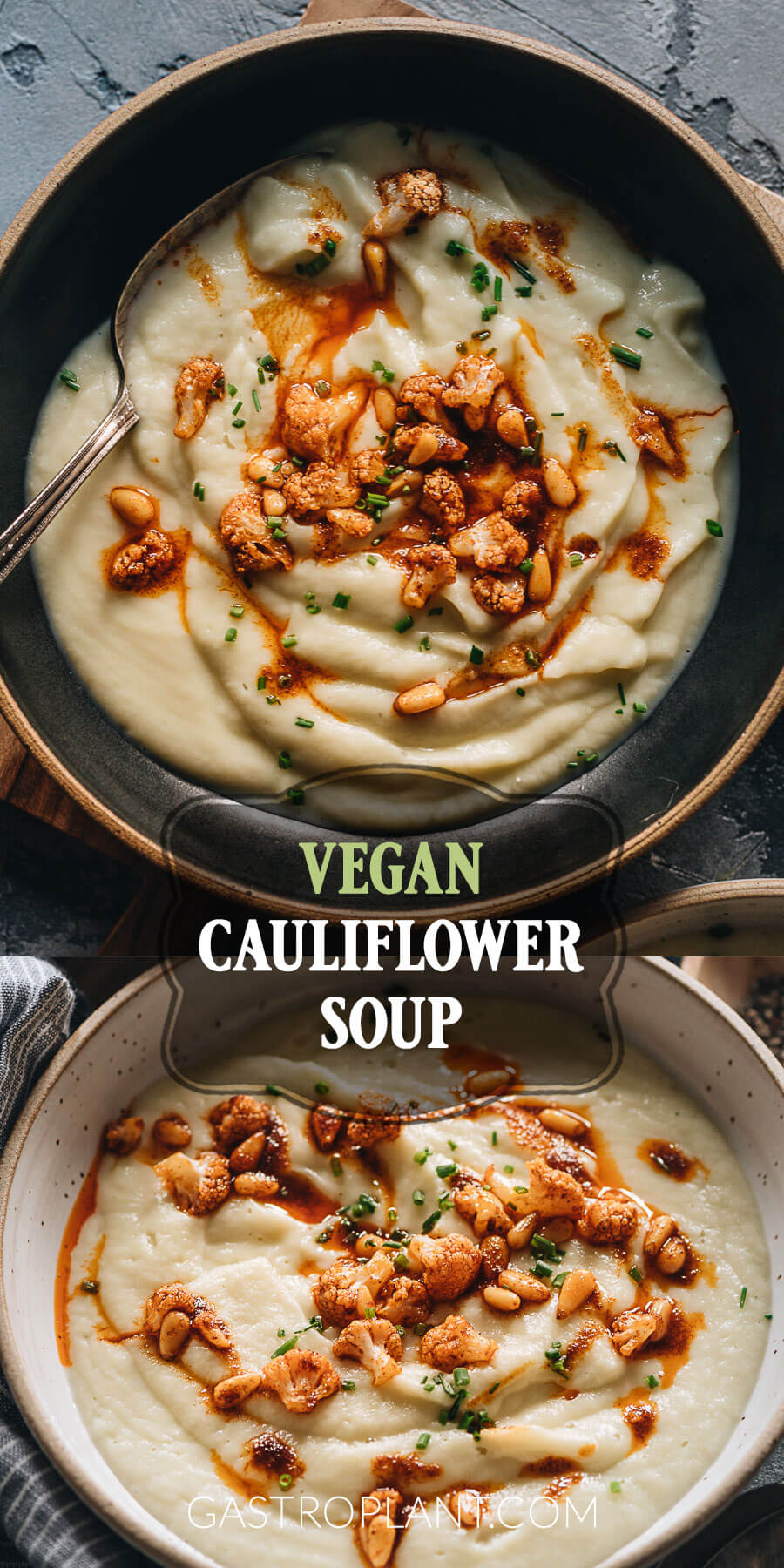 Creamy vegan cauliflower soup with paprika and pine nuts