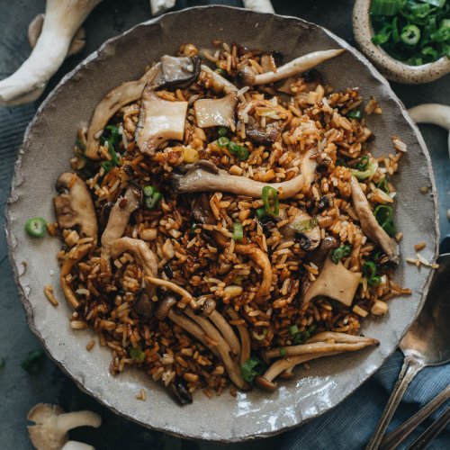 Fried rice loaded with shiitake, oyster, and other mushrooms