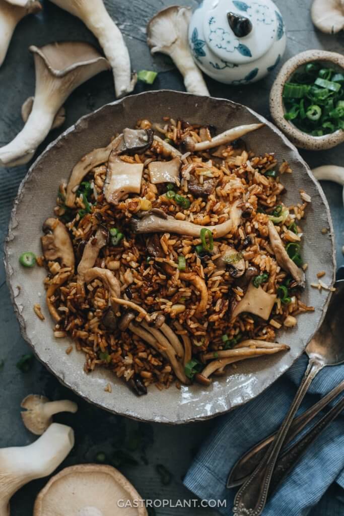 Fried rice loaded with shiitake, oyster, and other mushrooms