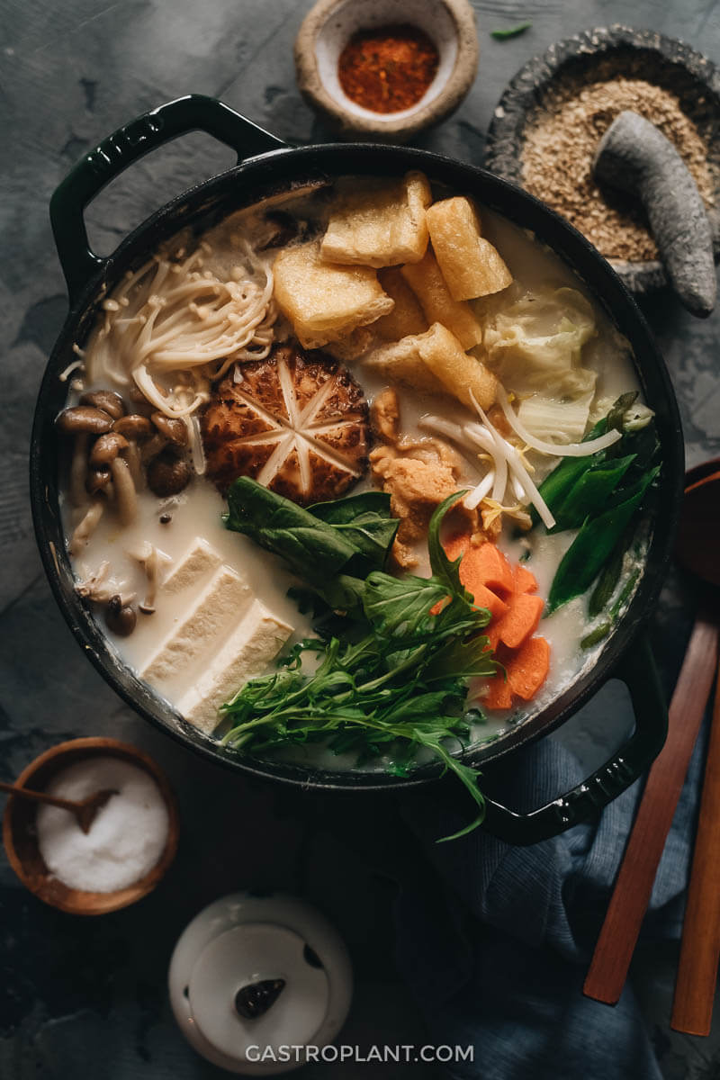 Vegan soy milk hot pot (tonyu nabe) bubbling in a pot