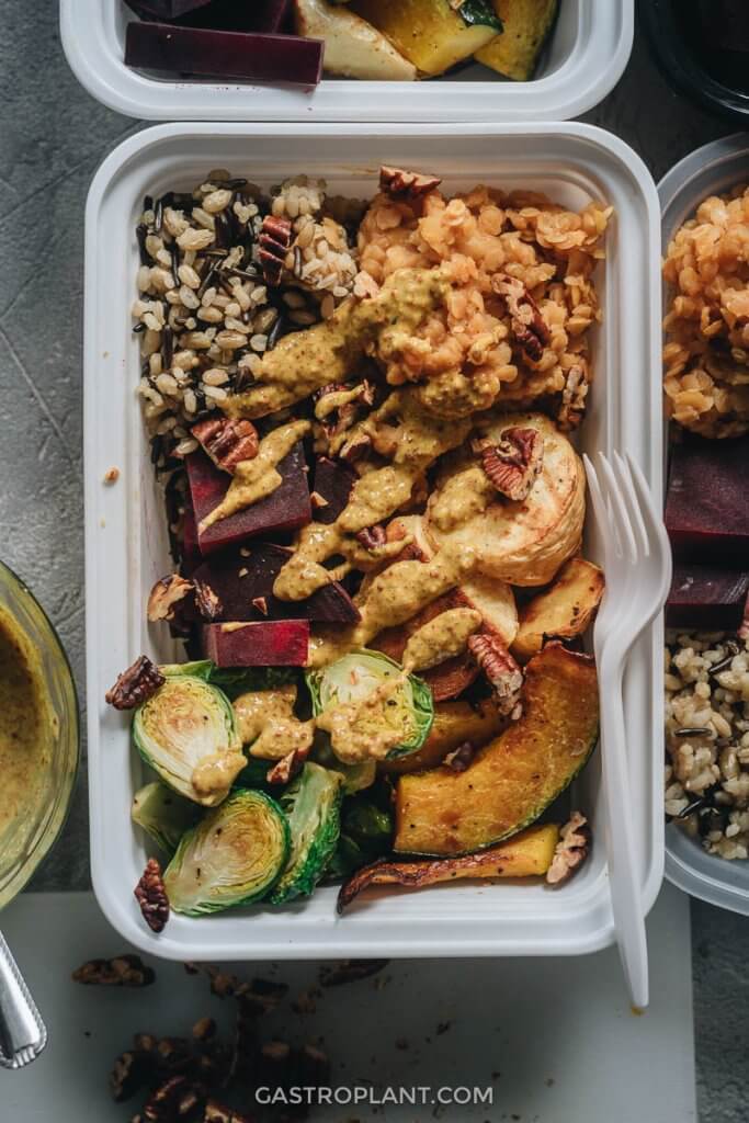 A winter buddha bowl with parsnips, beets, and lentils